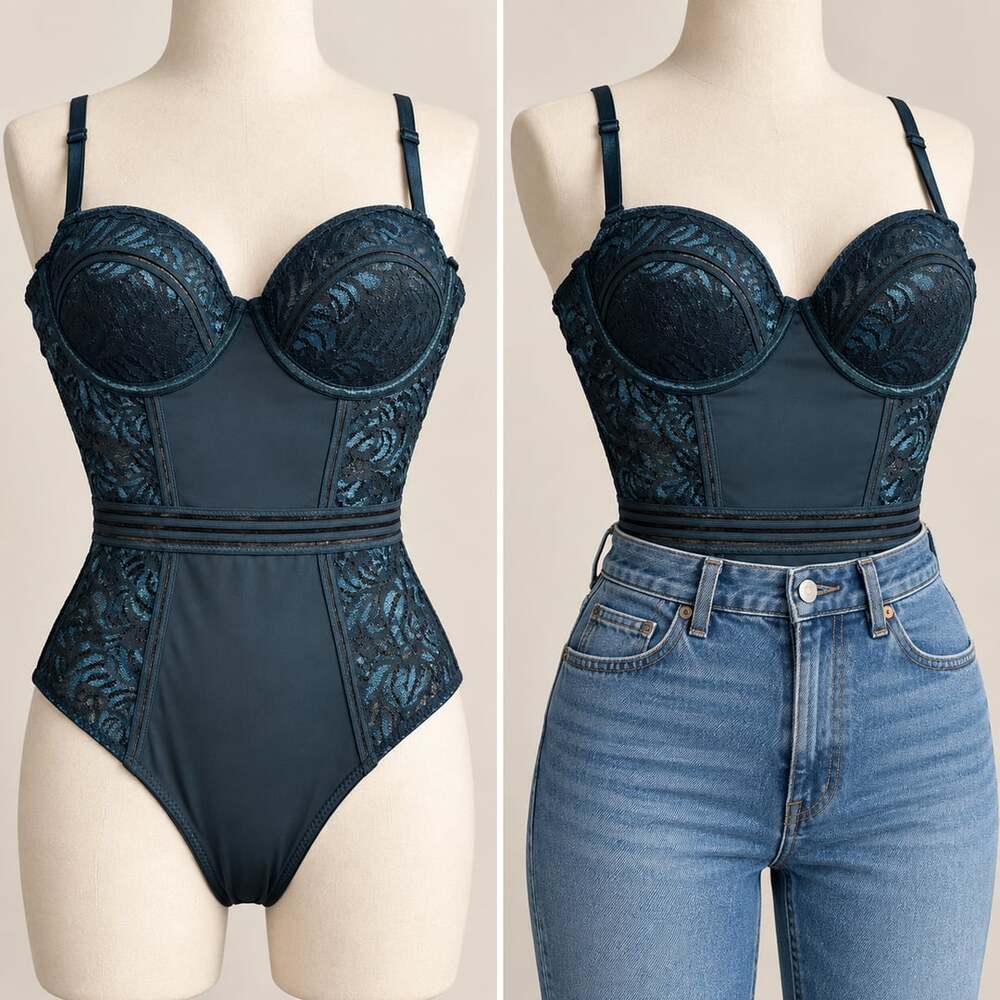 Felina Jezebel Anika Lace Bodysuit Sapphire Sky